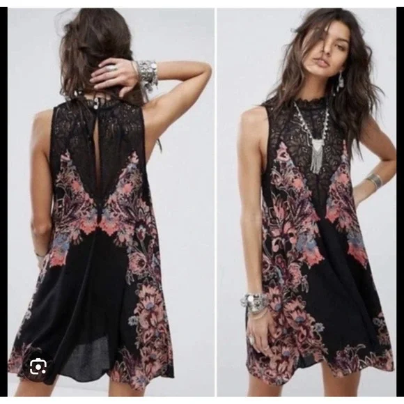 Free People Marsha Print Slip Dress Black High Neck Mini Lace And Keyhole Back L - Picture 2 of 16